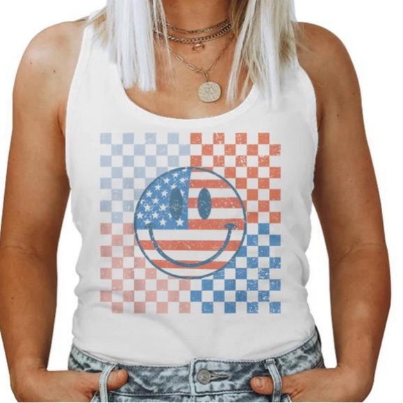 Bella Canvas Retro Smiley Face and Flag Graphic Tank - Picture 1 of 6
